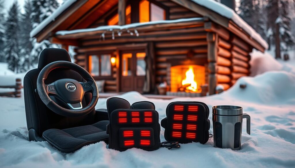 A cozy log cabin nestled in a snowy winter landscape, with a warm glow from the fireplace casting a soft light through the windows. In the foreground, a collection of heated accessories - a steering wheel cover, seat warmers, and a heated cup holder - arranged neatly, inviting the viewer to imagine their comfort and convenience during the cold season. The scene is captured with a wide-angle lens, emphasizing the cabin's rustic charm and the harmonious integration of the essential winter car upgrades. The overall mood is one of coziness, safety, and winter readiness.