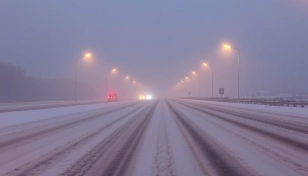 A snow-covered rural highway at dusk, with thick fog obscuring the road ahead. The scene is bathed in the soft, warm glow of streetlights and taillights, creating a hazy, atmospheric ambiance. In the foreground, the icy asphalt is barely visible, posing treacherous driving conditions for vehicles. Distant trees and buildings are barely discernible, emphasizing the limited visibility. The overall mood is one of uncertainty and the need for caution, highlighting the challenges of navigating winter roads.
